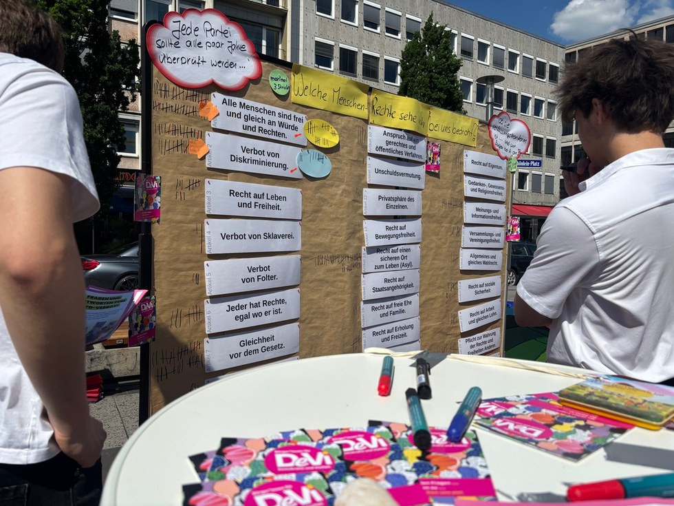Stellwände der DeVi Gehsteig-Gespräche am Kornmarkt Nürnberg mit Abstimmungsergebnissen zu den Menschenrechten